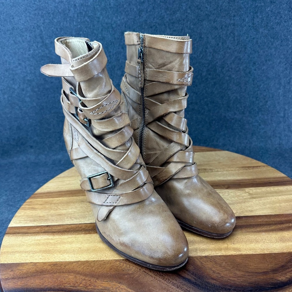 Frye Mikaela Strappy Tan Leather Strap Buckle Ankle Boots Womens 8.5 3475541-GRY - Picture 4 of 12
